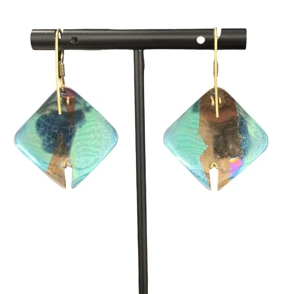 Holly Yashi Niobium Earrings Teal Blue Iridescent Geometric Diamond Dangle Drop - Picture 3 of 6
